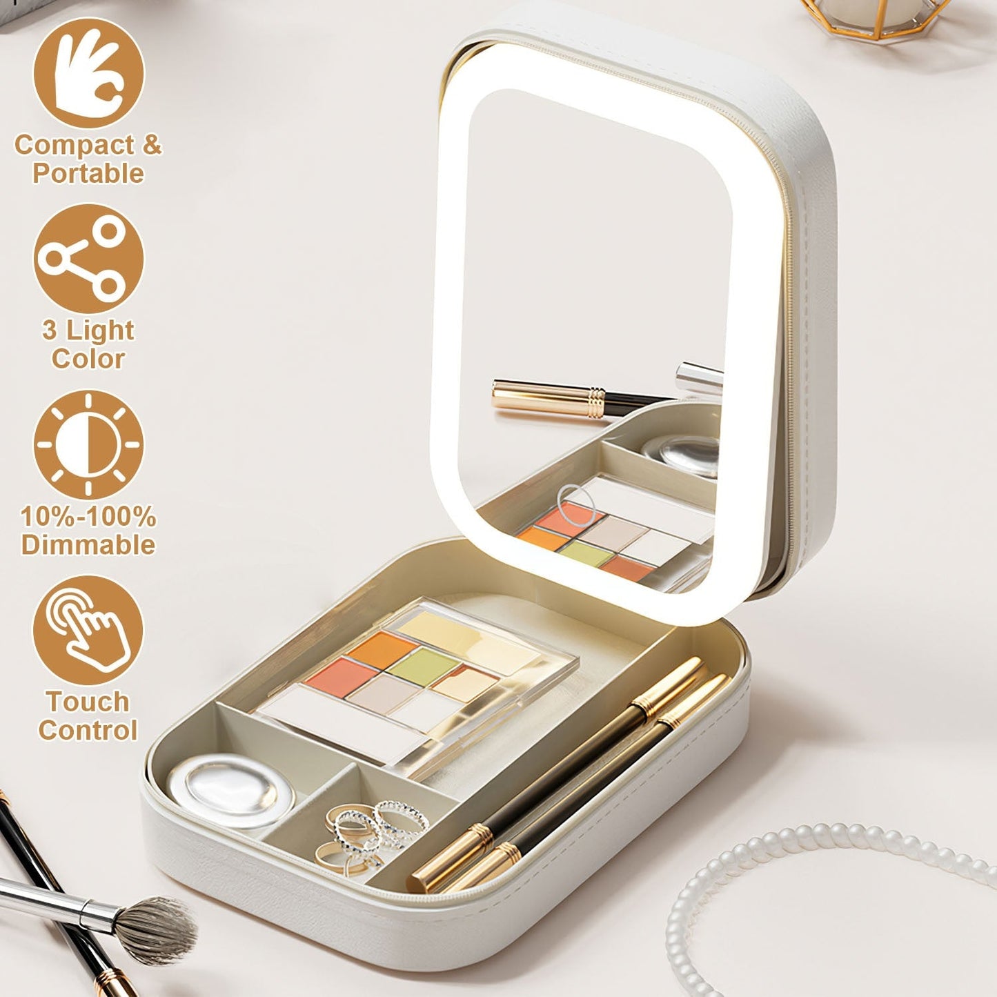 Portable Beauty Cosmetic Bag with LED Mirror | Waterproof, Dimmable 3-Light Modes