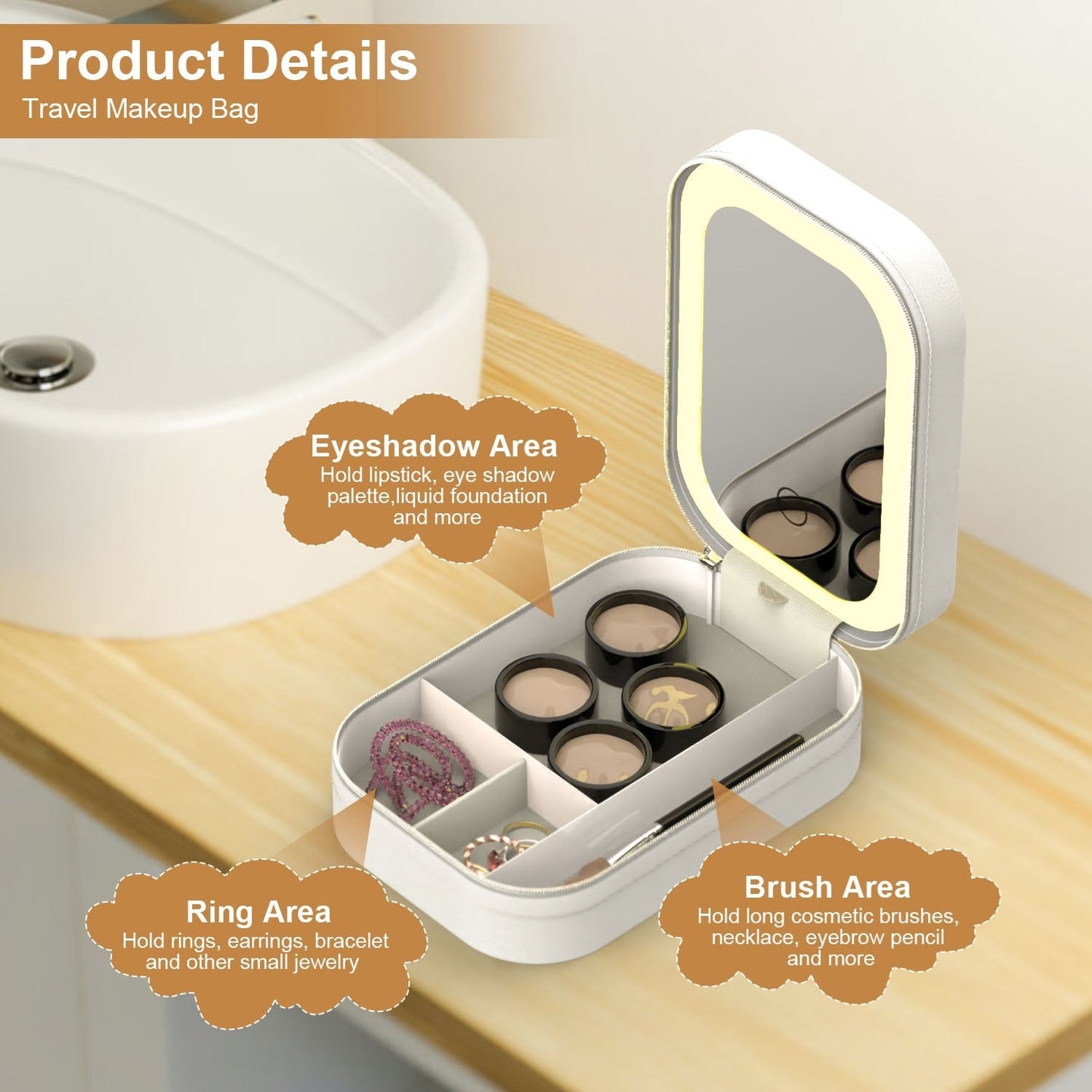 Portable Beauty Cosmetic Bag with LED Mirror | Waterproof, Dimmable 3-Light Modes