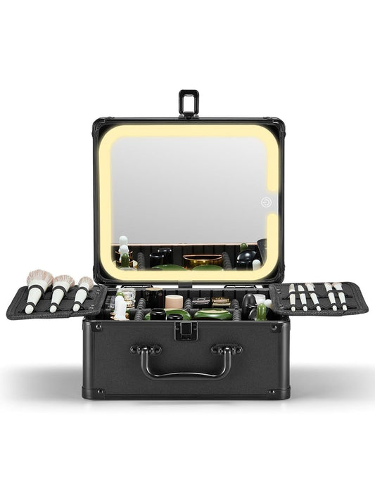 Deluxe Cosmetic Organizer with Removable Illuminated Mirror | Storage Makeup Case
